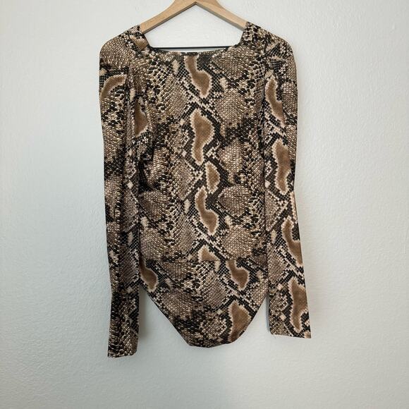 Zara Women Snakeprint Bodysuit Longsleeve V Going Out Brown Stretch Size Large - Picture 3 of 7